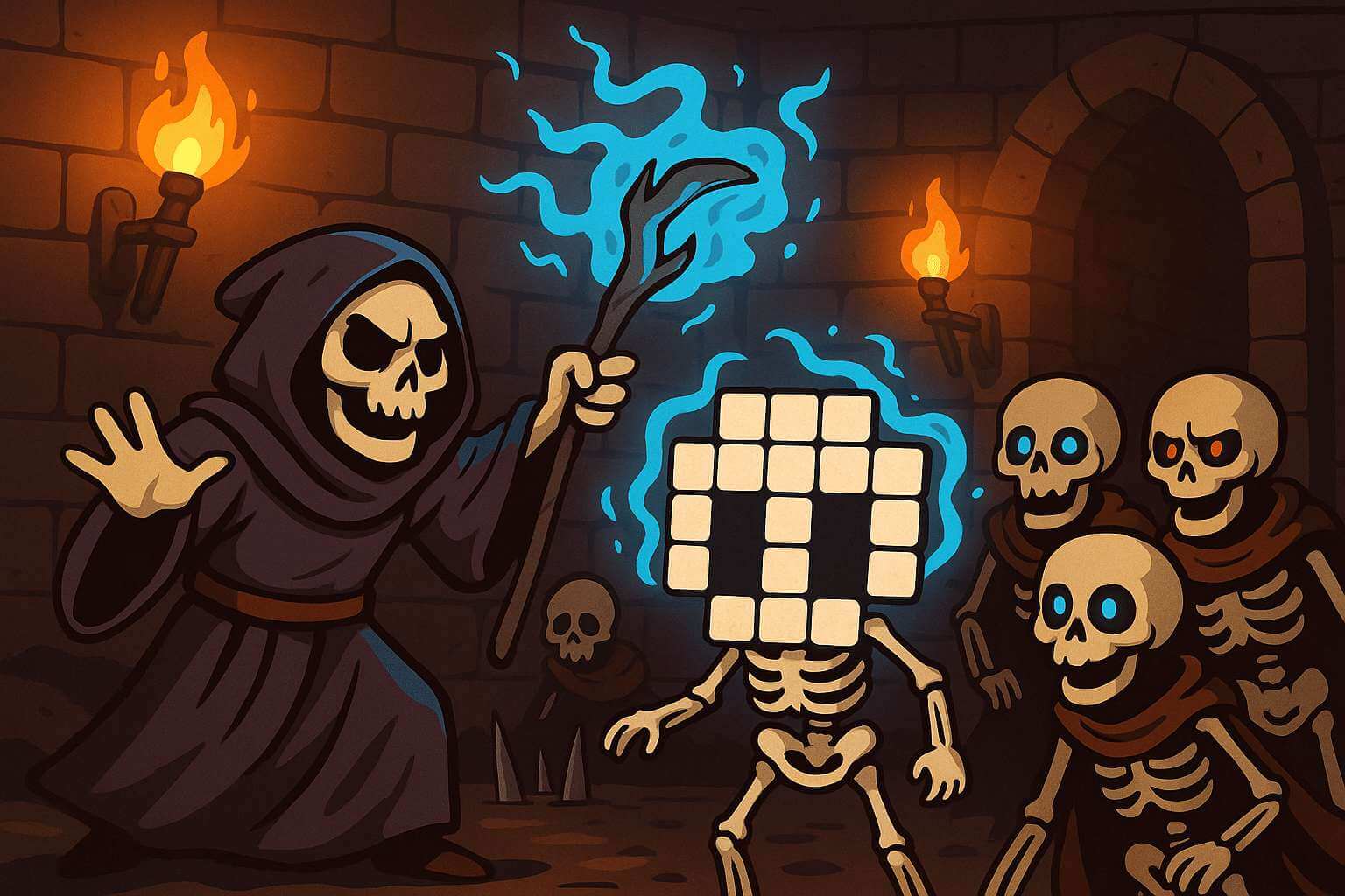 A dim hall lined with skull sentinels, a black stone pulsing at its heart