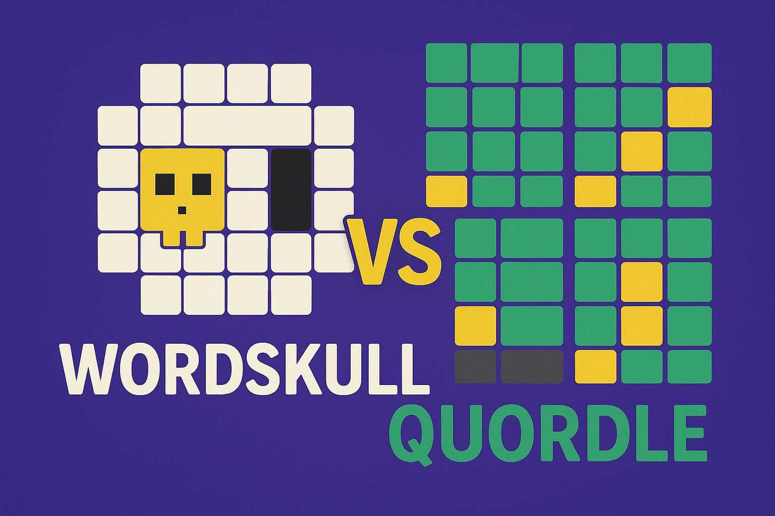 WordSkull dungeon grid facing off against Quordle four-board layout.
